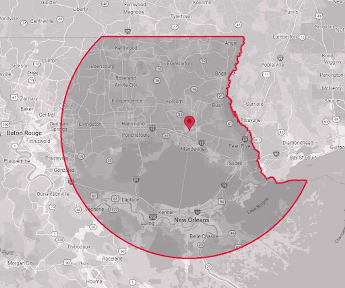 Map of Pulse Home Health service area in Southeastern Louisiana