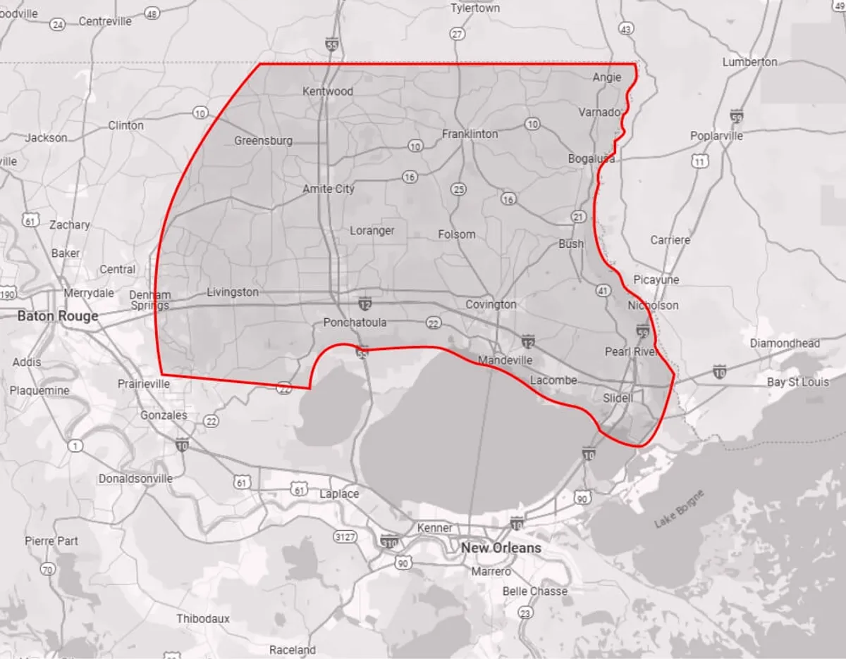 Map of Pulse Hospice Care coverage area in Southeastern Louisiana